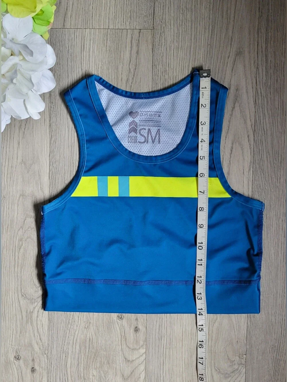 Coeur Sports Run Tech Crop in Flagship Blue & Yellow Racerback Sports Bra, Small
